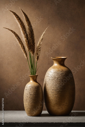 Decorative vases of clay materials, showing on table. One of them have some kind of flowers. Everything showing on Browne background. Generative Al.
