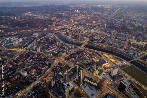 Aerial spring view of sunset dusk in Vilnius city center, down town, Šnipiškės district, Lithuania © Top Lithuania