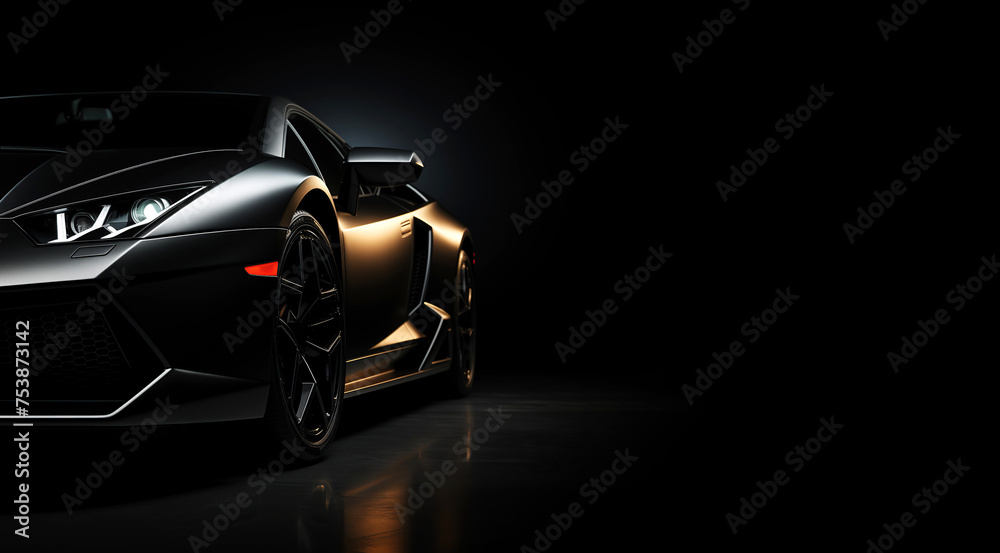 A generic and unbranded black sport car on a black background - obrazy, fototapety, plakaty 