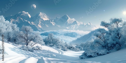 Beautiful winter nature landscape, amazing mountain view. Scenic image of woodland. Frosty day on ski resort © Interior Stock Photo