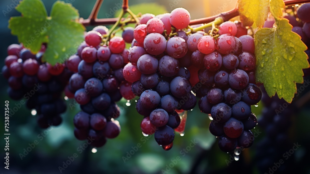 Dew-kissed grapes hanging in a vineyard, symbolizing fruitful harvest and winemaking.