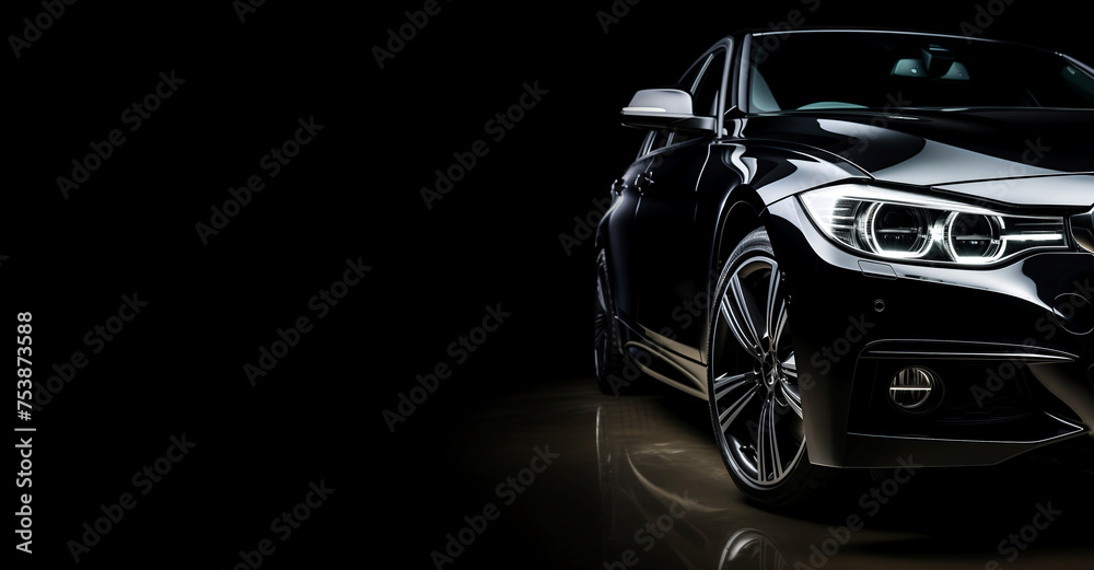 Black generic and unbranded sport car isolated on a black background with copyspace