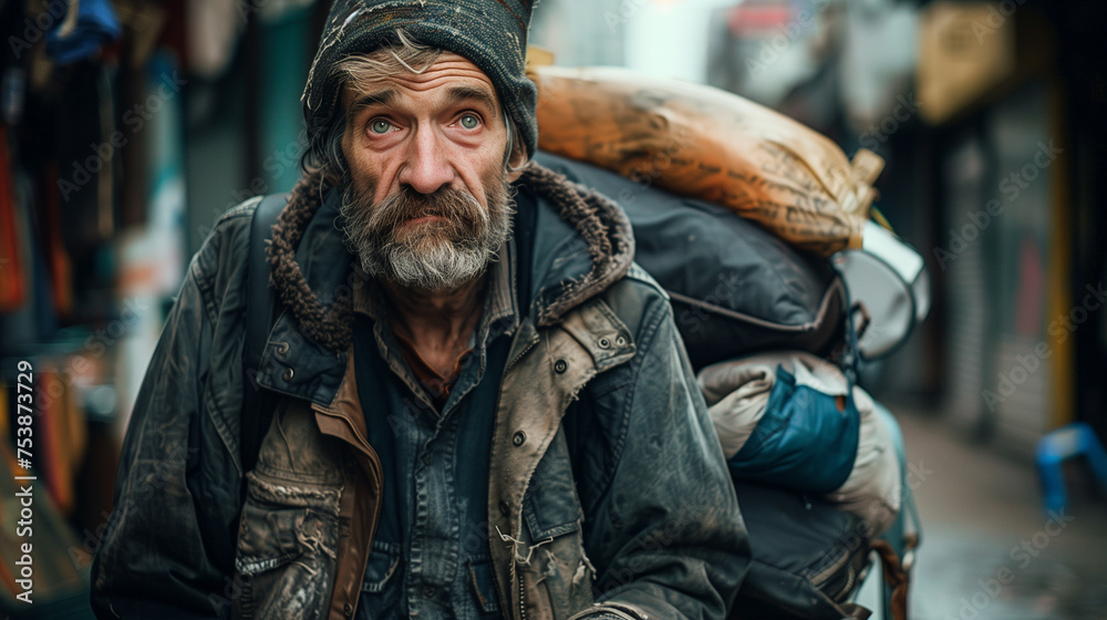 Homeless man in an alleyway, wearing ragged clothes. He has a cart full of dirty belongings behind him. Homeless man in an alleyway, wearing ragged clothes. He has a cart full of dirty belongings behind him.