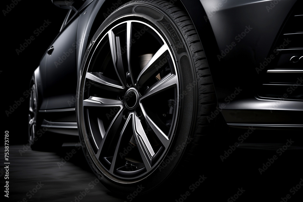 Closeup on a generic and unbranded black car isolated on a black background