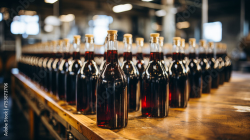 Rows of dark glass wine bottles lined up in a rustic winery. photo