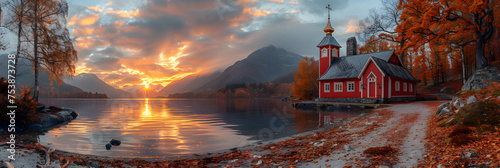 A lake with a sunset and clouds in the sky,Colorful summer sunrise on Grundlsee lake