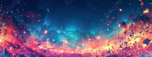 Abstract cosmic sky with vibrant hues and sparkling particles, resembling outer space.