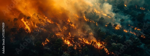 Intense close-up of flames and smoke during a dramatic forest wildfire.