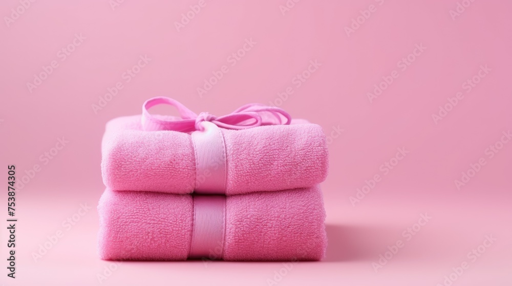 Pink cotton towels on a pink background. Bathroom decor and accessories.