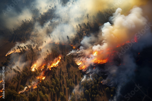 AI generative images. Aerial view on the wildland forest fires. Environmental issues concept photo