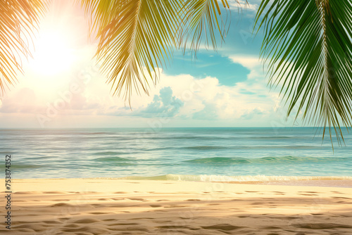 AI Generated Image. Summer vacation banner with beach and palms. Summer vacation concept © Arman Zhenikeyev