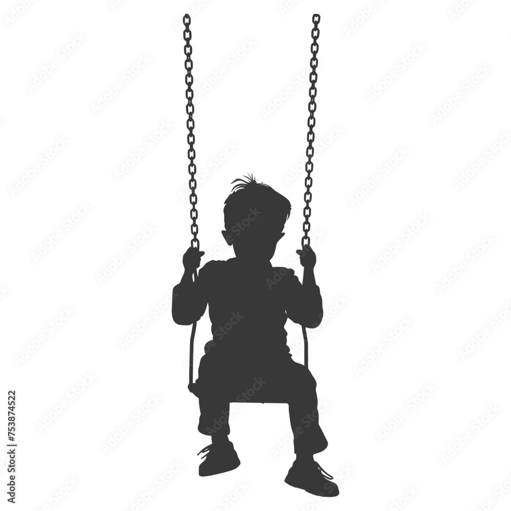 Silhouette little boy playing swing in the playground black color only Silhouette little boy playing swing in the playground black color only