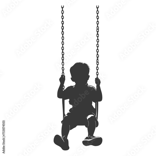 Silhouette little boy playing swing in the playground black color only