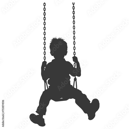 Silhouette little boy playing swing in the playground black color only