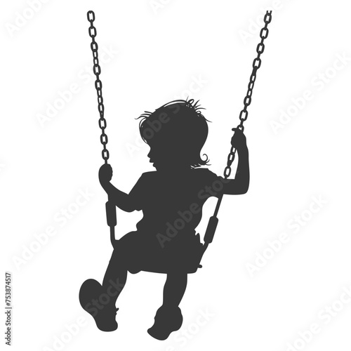 Silhouette little boy playing swing in the playground black color only