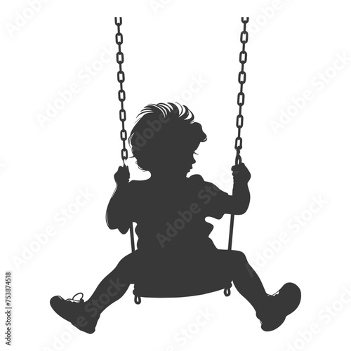 Silhouette little boy playing swing in the playground black color only