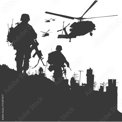 silhouette of a modern war situation black color only