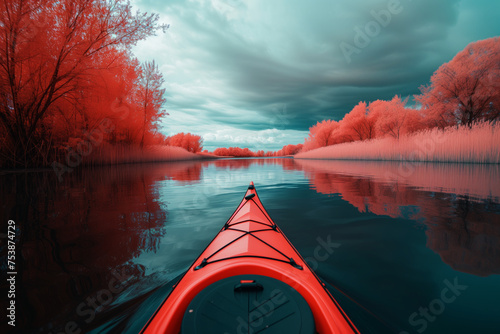 AI Generated Image. Infrared shot of the kayak floating on the pond in the great nature landscape