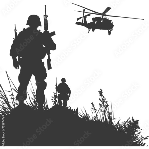 silhouette of a modern war situation black color only
