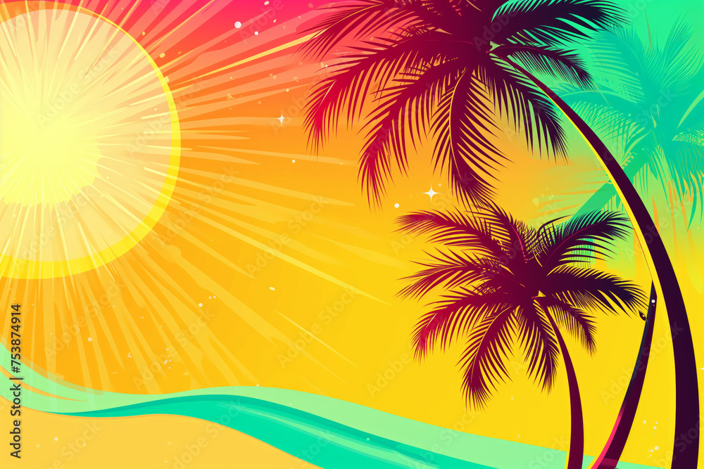 AI Generated Image. Summer vacation banner with beach and palms at sunset. Summer vacation concept