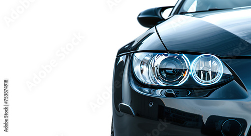Closeup on the headlight of a generic and unbranded black sport car on a white background