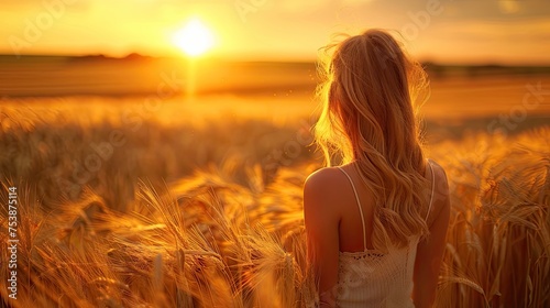 A girl in a field of rye in the rays of the rising sun. Summer composition.