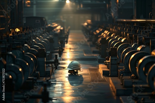 An atmospheric view of an empty factory floor at twilight, with rows of machines standing silent in honor of International Labour Day. A single safety helmet is spotlighted photo