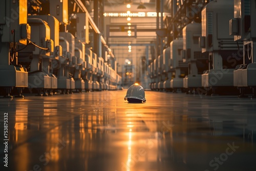 An atmospheric view of an empty factory floor at twilight, with rows of machines standing silent in honor of International Labour Day. A single safety helmet is spotlighted