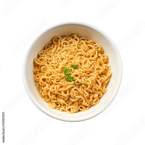 Instant noodles in a bowl isolated on transparent background. Top view.
