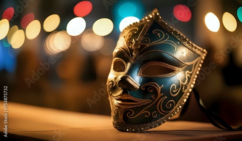 A mask from the Carnival of Venice with lights in the background in bokeh.