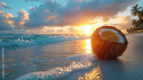 Broken brown coconut on sandy tropical beach
