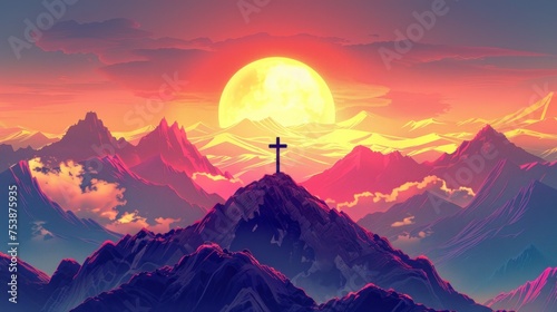 A cross stands atop a mountain under a striking sunrise #753875935