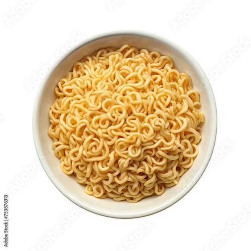 Instant noodles in a bowl isolated on transparent background. Top view.