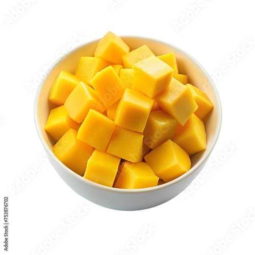 Mango cubes in bowl isolated on transparent background.