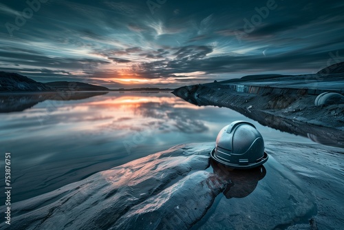 An evocative image of a worker helmet placed at the edge of a serene lake, reflecting the early morning sky on International Labour Day. The helmet, a steadfast symbol of labor’s safety and health