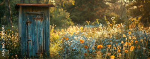 Rustic outhouse in a vibrant wildflower field photo