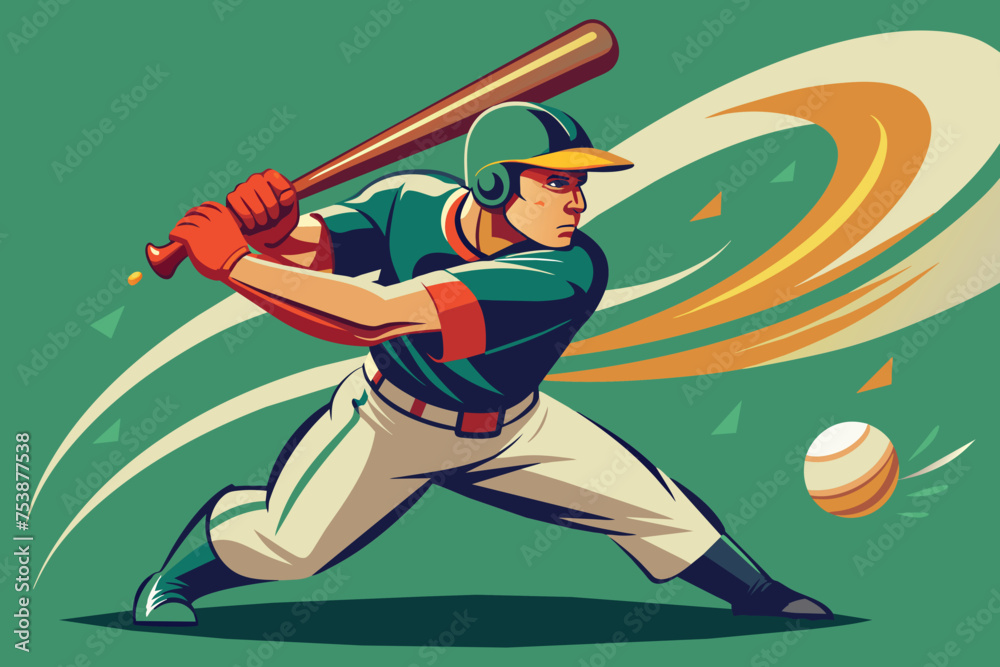 baseball-player with stick hit ball, action spot,, clean-vector