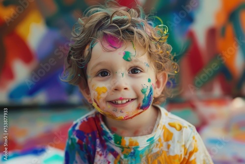 Creative child covered in colorful paint Showcasing the joy and messiness of artistic expression in a bright Engaging environment