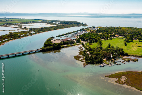Aerial view of a bridge joining two islands in the sea