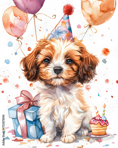 A Toy dog breed puppy with a livercolored coat is sitting beside a birthday cake and balloons, wearing a party hat as a companion dog in a festive setting