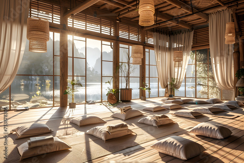  a wellness retreat center with meditation spaces, promoting relaxation and mental well-being