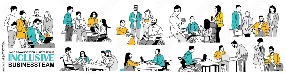 Inclusive business concept illustrations. Set of different men and women working together with disabled person in wheelchair. Diverse business team. Modern vector design on transparent background.