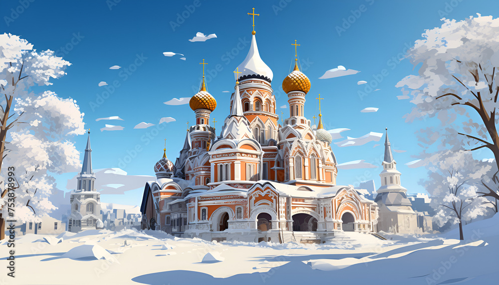 Orthodox church in Omsk blue sky in the winter Traveling destination Historical religious area.  - obrazy, fototapety, plakaty 
