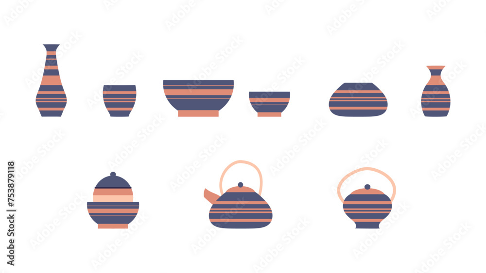 Set of striped dishes in oriental style for interior decoration. Vintage Japanese vases, a set of bowls. Colored flat graphic vector illustration isolated on a white background, icons in a flat style