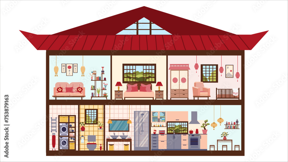 House inside interior in cut. Japanese-style dollhouse. Rooms with furniture: kitchen, bathroom, living room, children's room and laundry, bedroom. Vector flat illustration.