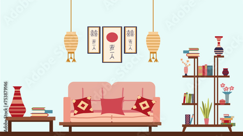 The interior of a cozy living room with a comfortable sofa decorated with pillows, Japanese-style paintings and a bookcase with books. The illustration is made in a flat style.