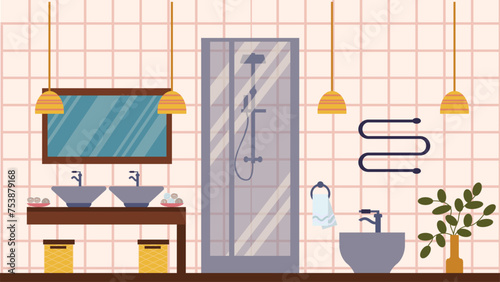 The interior of a modern bathroom with a bidet and a Japanese-style shower cabin. The illustration is in a flat style.