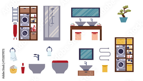 Asian-style bathroom, toilet and laundry furniture set with a bidet and a shower cabin, a collection for an oriental Japanese interior, is highlighted on a white background, icons in a flat style