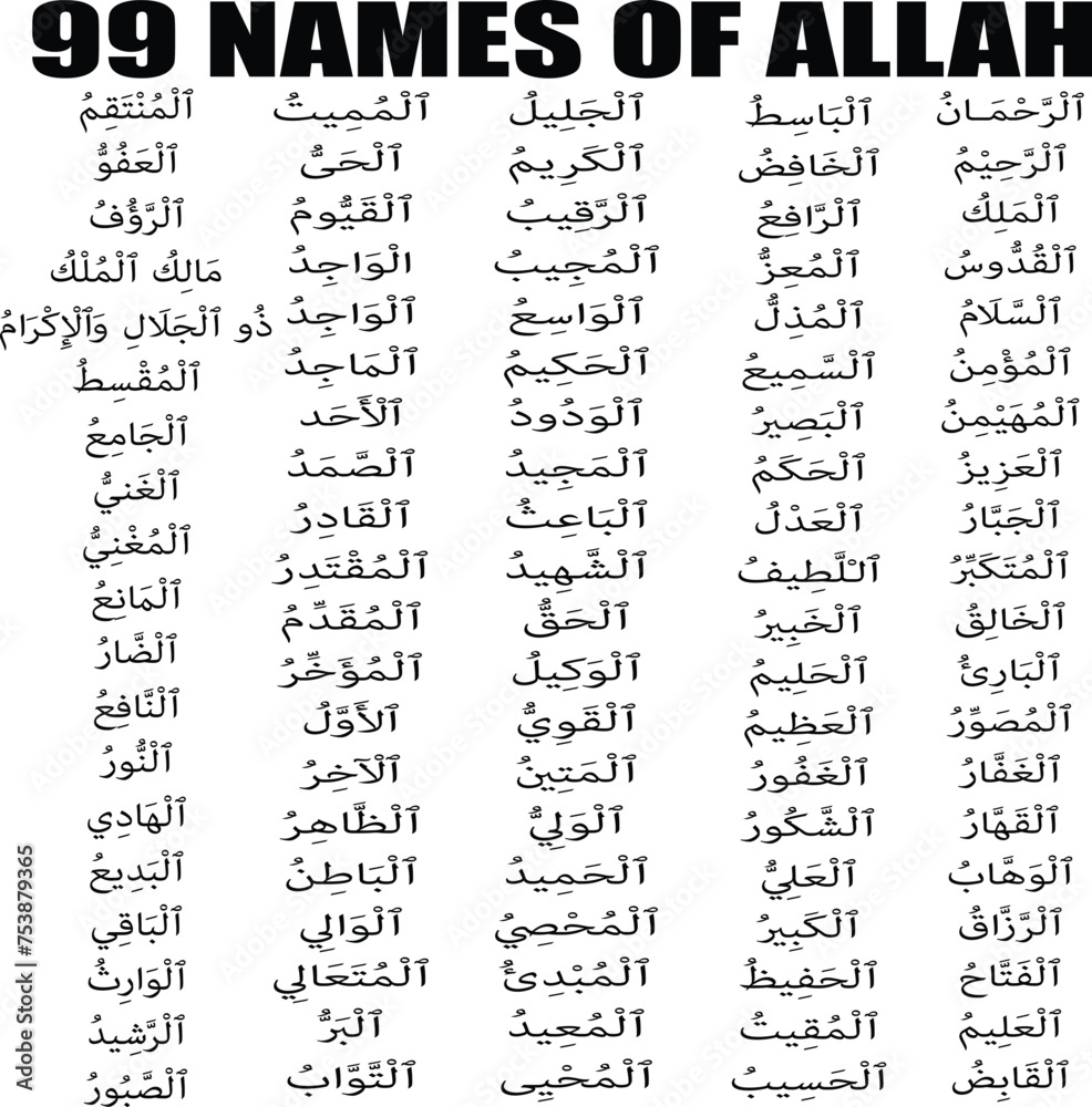 Asmaul Husna (99 names of Allah). Golden vector arabic calligraphy. Suitable for print, placement on poster and web sites for Islamic education.
