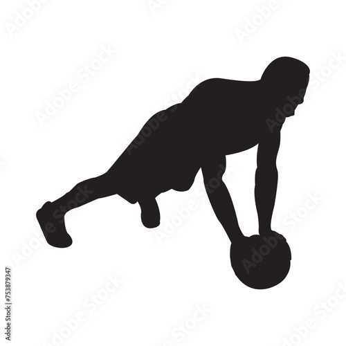 Medicine ball push ups exercising black silhouettes,  Chest exercise stand in a plank position